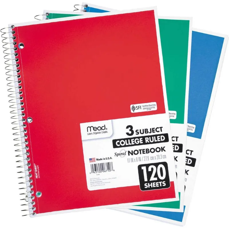 Worldwide Shipping Notebook: Spiral, 120-Page, College Ruled, 3 Subject, Assorted Colors (Carton of 24)