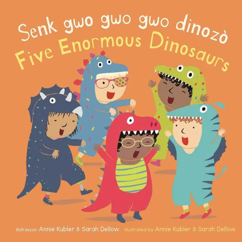 Senk gwo gwo gwo dinozò / Five Enormous Dinosaurs (Bilingual, Haitian Creole/English) (Board Book) Mega Sale